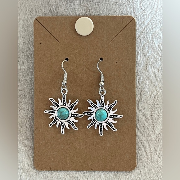 gigisfindings Jewelry - Boho Tribal Silver and Turquoise Color Starburst Drop Dangle Earrings 2”